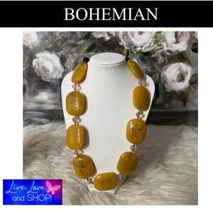 BOHEMIAN Mustard and Black Flat Stone Women’s Necklace, NWOT